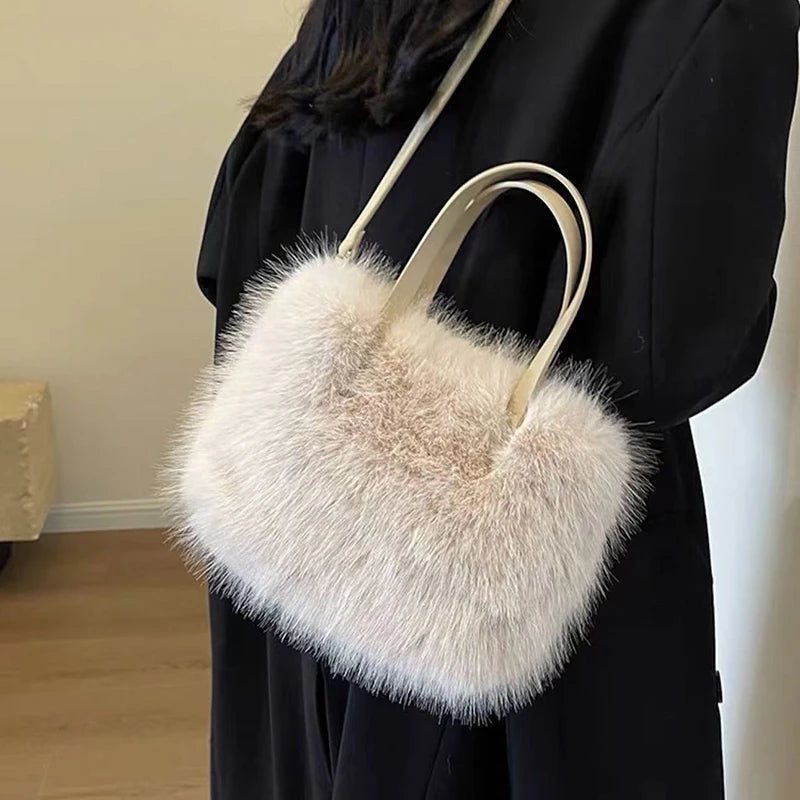 Women's Faux Fur Plush Tote Bag – Luxury Soft Shoulder & Crossbody Handbag