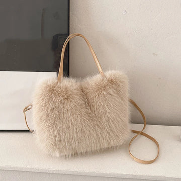 Women's Faux Fur Plush Tote Bag – Luxury Soft Shoulder & Crossbody Handbag