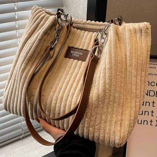 Stylish Corduroy Tote Bag for Women, Large Capacity Plush Shoulder Bag, Versatile Commuter & Travel Bag.